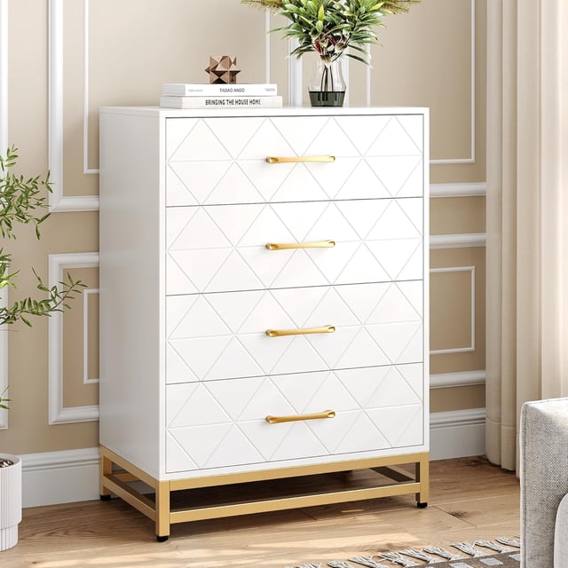 Commode pour Chambre avec 4 Tiroirs, Commode Moderne, avec Tiroirs Larges et Poignées en Métal, Commode en Bois, Blanc