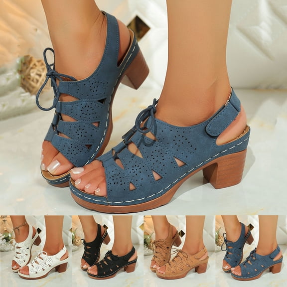 QNANSPI Women's Wedge Heel Shoes, Summer Casual Footwear for Women, Women Rounded Toe Open Toe Shoes With Perforated Lace Up Look And Broad High Heel Summer Footwear