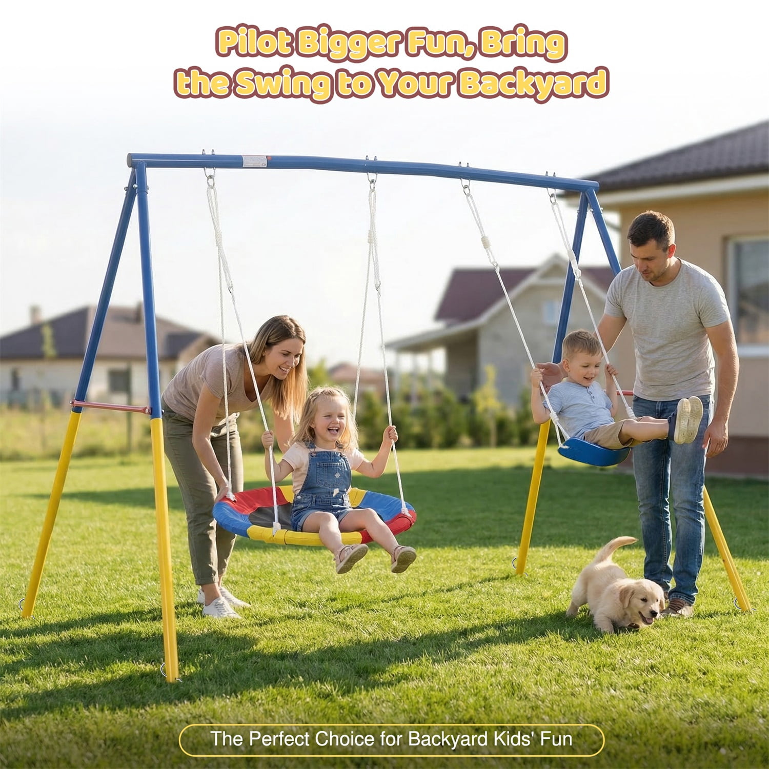 Hommoo 2 Pcs Swing Set with Saucer Swing Seat & Belt Swings Seat, Swing Set with Heavy-Duty A-Frame Metal Outdoor Swing Stand, for Backyard, Blue