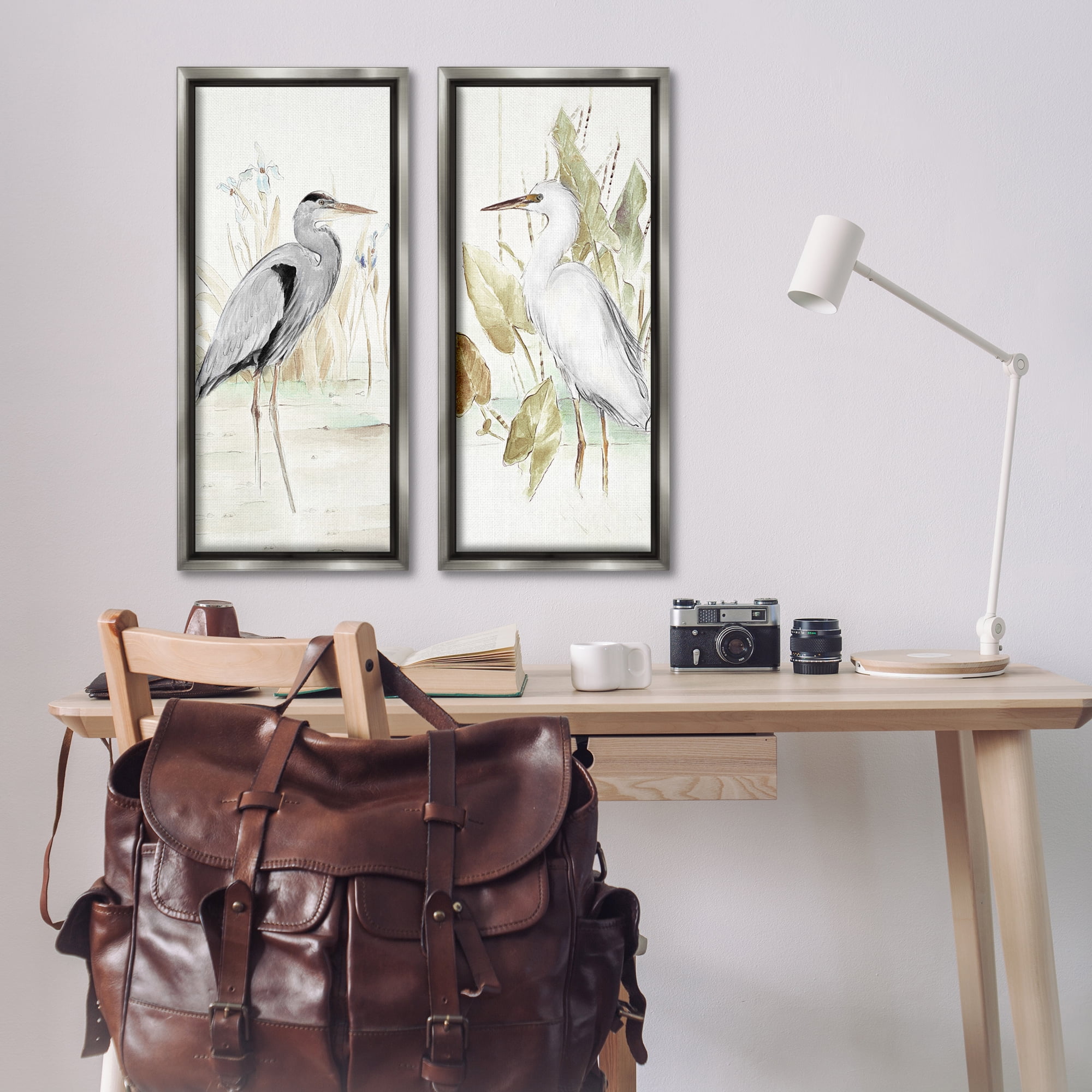 Stupell Industries Heron Egret Marsh Landscape Animals Painting Gray Floater Framed Canvas Art Print Wall Art, 14 x 31, Set of 2