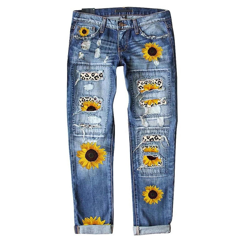 Women Jeans Stretchy Sunflower Leopard Pattern Print Ripped Jeans Button-Zipper Straight Leg Jeans with Pockets Front - Walmart.com