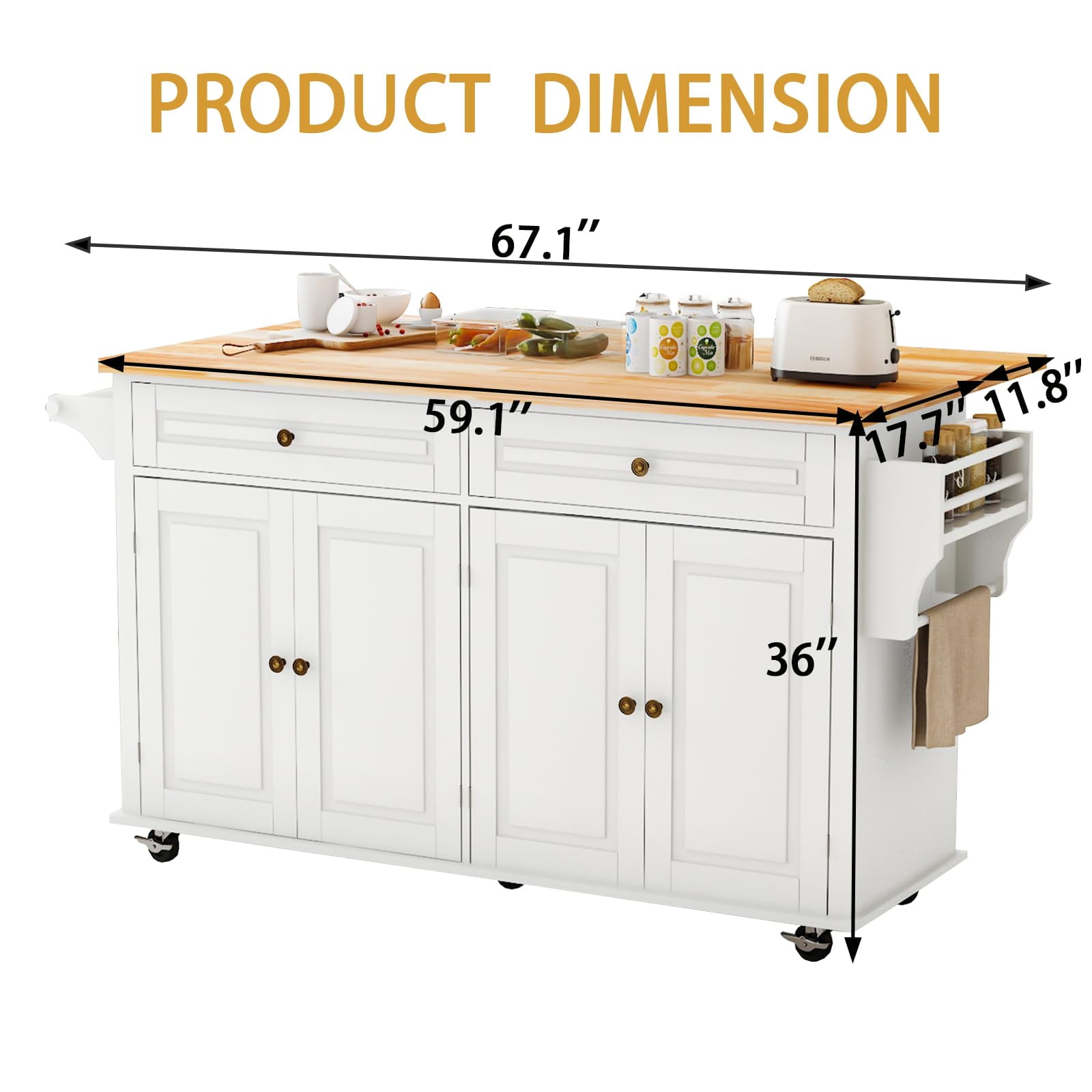 JassmiPkwy 67’’ Movable Kitchen Island with Drop Leaf Countertop, with Storage, 2 Drawers, Towel Rack, White