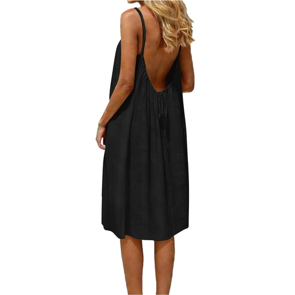 aohooy Womens Backless Cami Dress Midi Length Sleeveless Flowy Open Back House Dresses with Tie Beach Summer Vacation Sundress Black,L