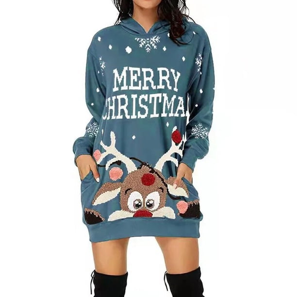 LDMQZ20211022-vestido holgado de manga larga con capucha para mujer, ropa informal con estampado de estilo navideño para primavera y verano, envío directo