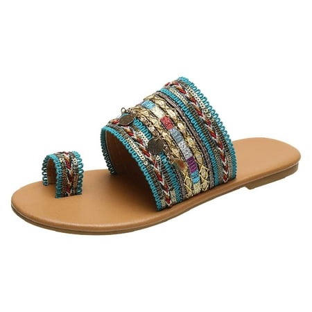 

YanHoo Clearance Women s Boho Slide Flat Sandals Dresssy - Casual Toe Ring Slide Sandal -Cute Slip On Flip Flop Thong Sandals - Spring Summer Shoes