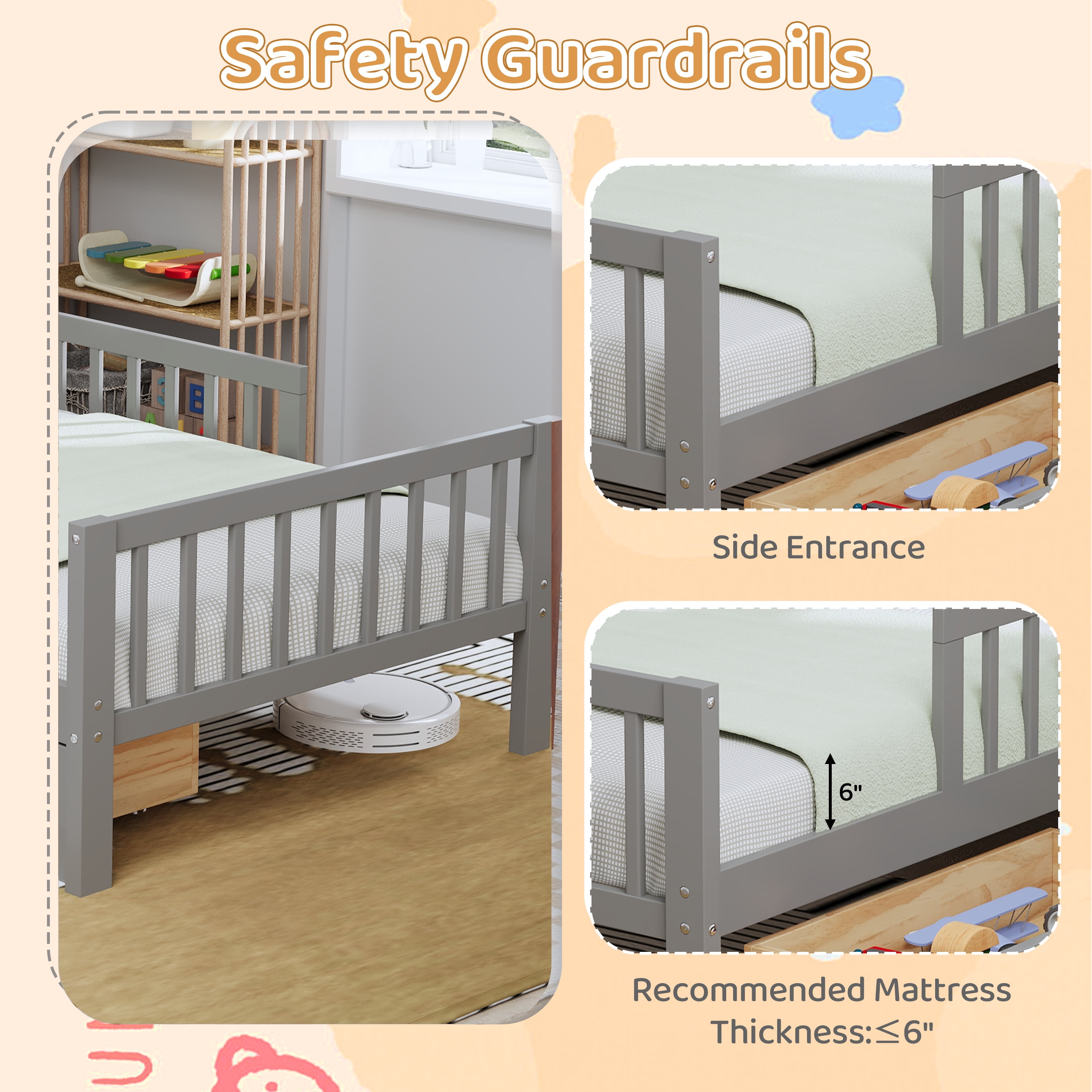 Euroco Wood Twin Size Platform Bed with Storage Headboard and Drawers, Low Profile Bed with Guardrails for Kids and Toddlers, Gray