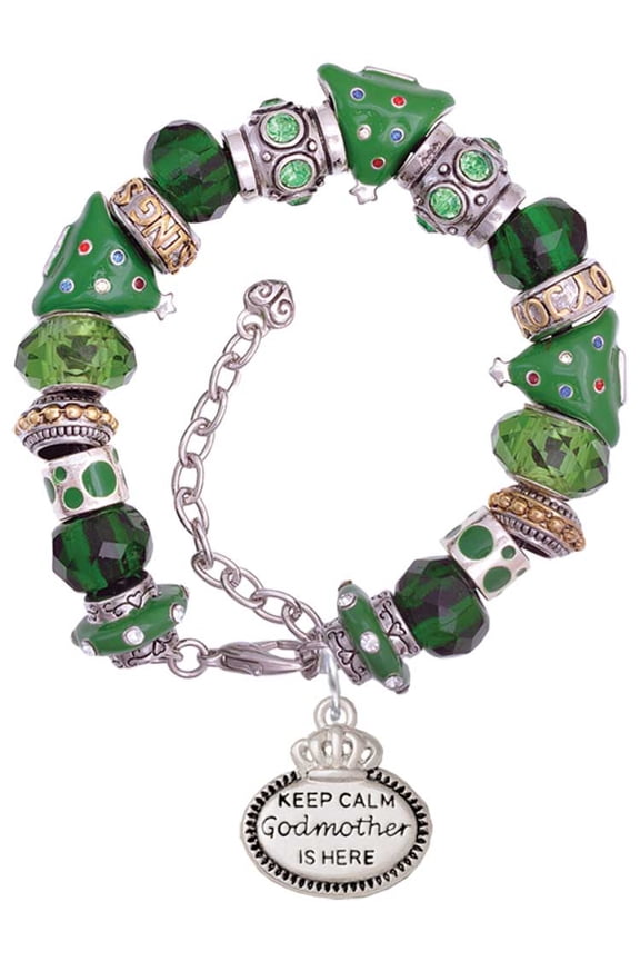 Keep Calm Godmother is Here Green Christmas Bead Bracelet
