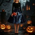 thumbnail image 4 of Karymi Easter Dresses for Women Halloween Print Swing Midi Dress, Solid Crew Neck Long Sleeve Satin Bow Waist Vintage A Line Party Costume Dress Wedding Guest Dresses for Women, 4 of 6