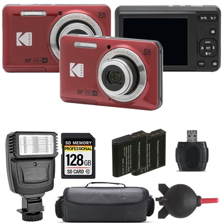 Kodak PIXPRO FZ55 Digital Camera (Red) + Extra Battery + Flash - 128GB Kit