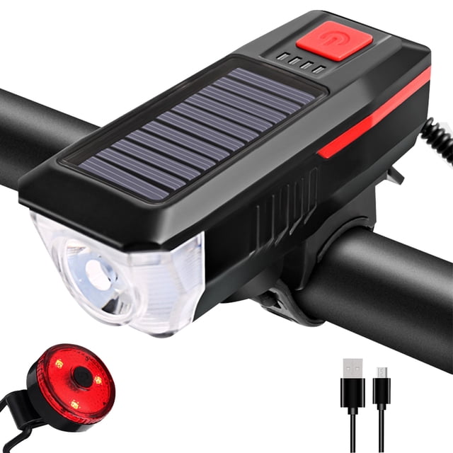 Bike Light Set and Horn Solar Powered USB Rechargeable Bicycle Headlight Taillight Combinations Front Back Light Tail Light LED Speaker