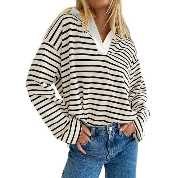 Rdhnmea Women Long Sleeve T-Shirts Stripe Turn-Down Collar V-Neck Shirts