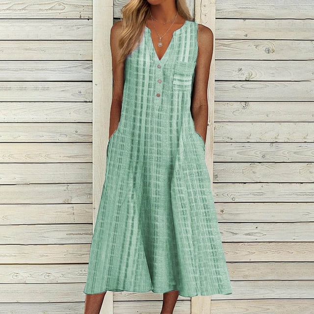 Babysbule Liquidation Robes d'Été pour Femmes, Mode Femme Décontractée Sans Manches à Col en V Boutonné à Rayures Imprimées avec Poches Robe Maxi