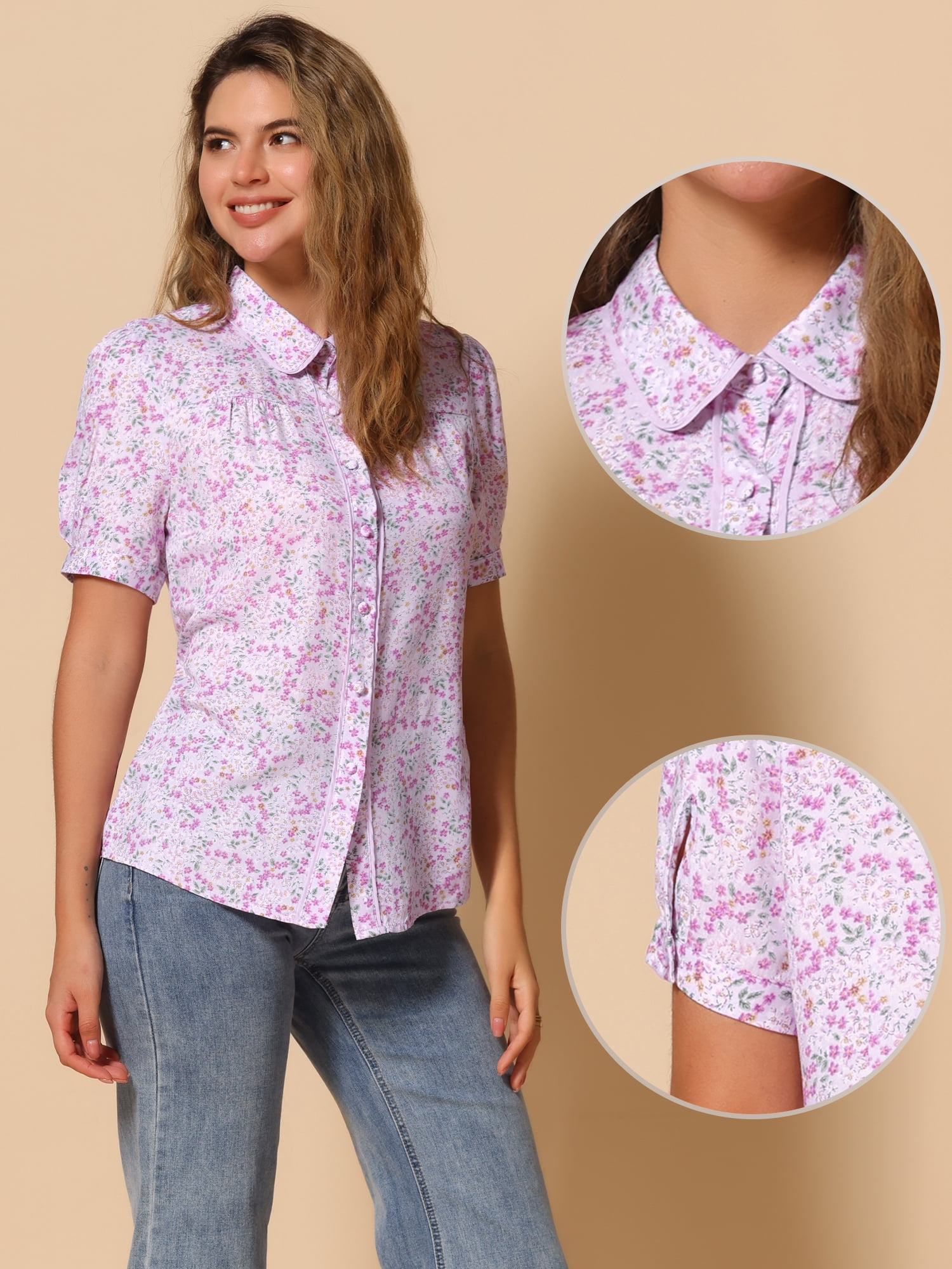 DARING DIVA Women's Peter Pan Collar Puff Sleeve Peasant Blouses L Light Purple