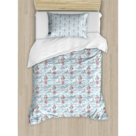 Lighthouse Duvet Cover Set Wavy Stripes Ocean Ship Steering Wheel