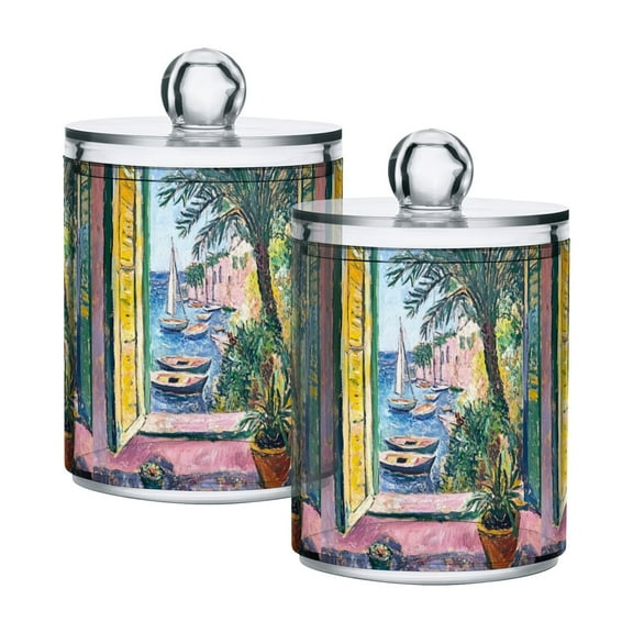 Yayeee 2 Pack Qtip Holder Bathroom Cotton Swab Canister with Lid Clear Dispenser Set, Ocean Boat