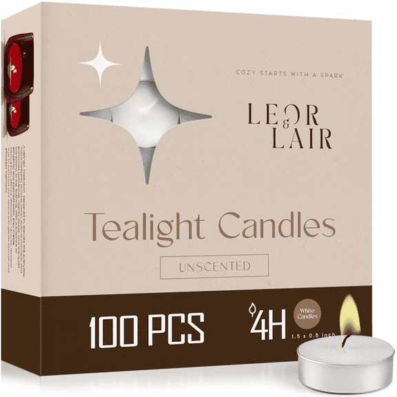 Leor & Lair Tealight Candles - 100 Pack - 4 Hour Burn Bulk Tea Lights for Home & Family