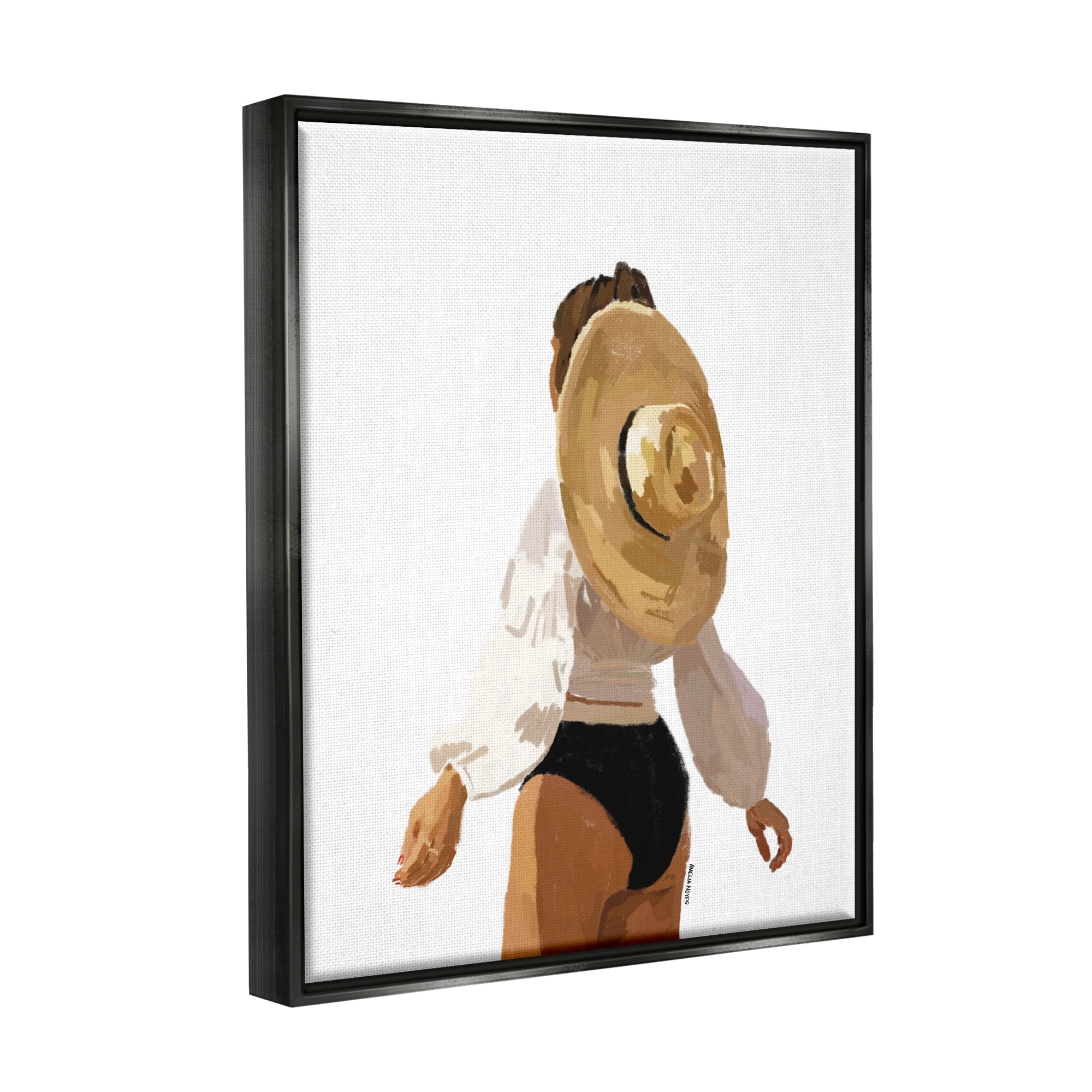 Stupell Industries Woman Draped Sun Hat Tropical Summer Vacation Graphic Art Jet Black Floating Framed Canvas Print Wall Art, Design by Amelia Noyes