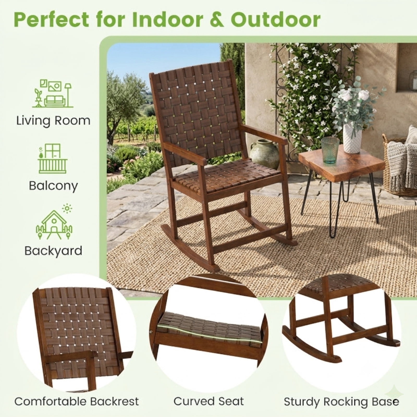 Furnibear Outdoor Rocking Chair Solid Rubber Wood for Backyard Deck Garden Brown 220 lbs Capacity Weather-Resistant Outdoor Furniture