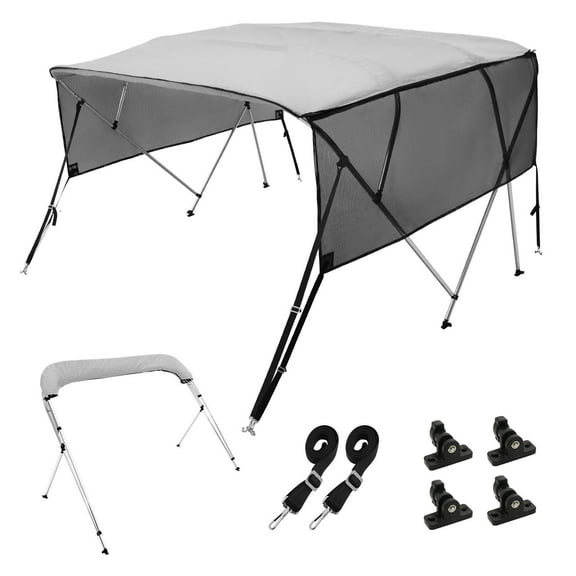 HCY 4 Bow Bimini Top Boat Cover, Detachable Mesh Sidewalls, 600D Polyester Canopy with 1" Aluminum Alloy Frame, Includes Storage Boot, 2 Straps, 2 Support Poles, 8'L x 54"H x 85"-90"W, Light Grey