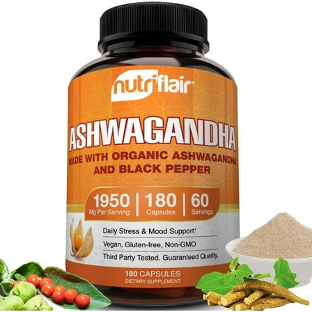 NutriFlair 1950mg Organic Ashwagandha Root Extract with Black Pepper for Stress Relief, 180 Count