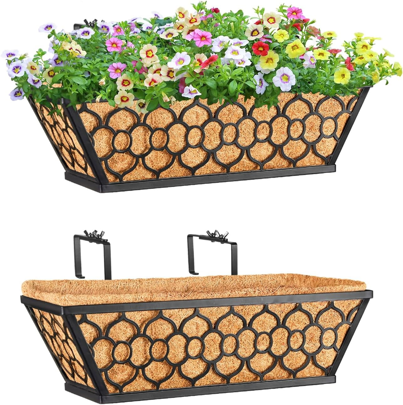 4 Pack 24 Inch Window Boxes Planters with Coco Liner, Metal Deck Railing Planter Boxes, Balcony Planters Railing Hanging, Horse Trough Window Flower Planter Boxes for Outdoor Porch Fence Patio