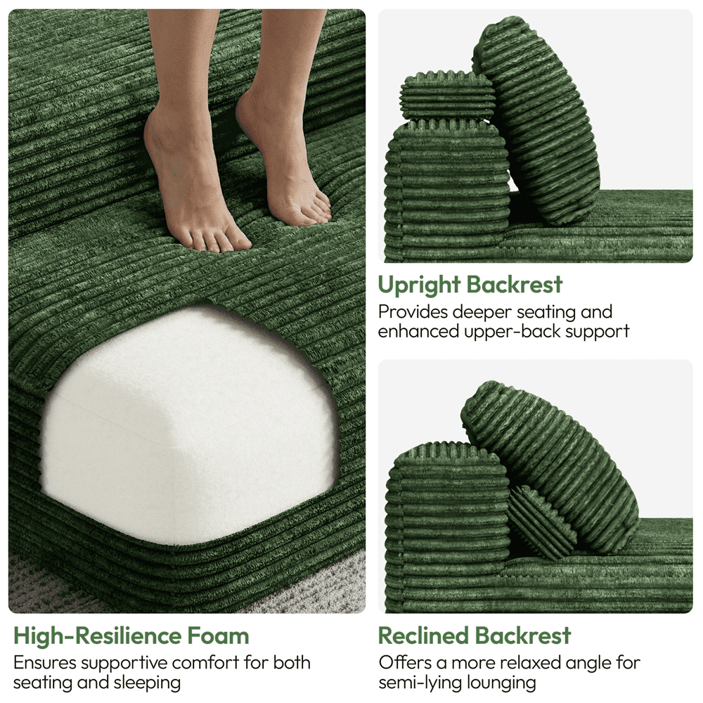 Renwick 110" L-Shaped Cloud Couch, Boneless Corduroy Sectional Sofa with 3 Detachable Pillows for Livingroom, Green