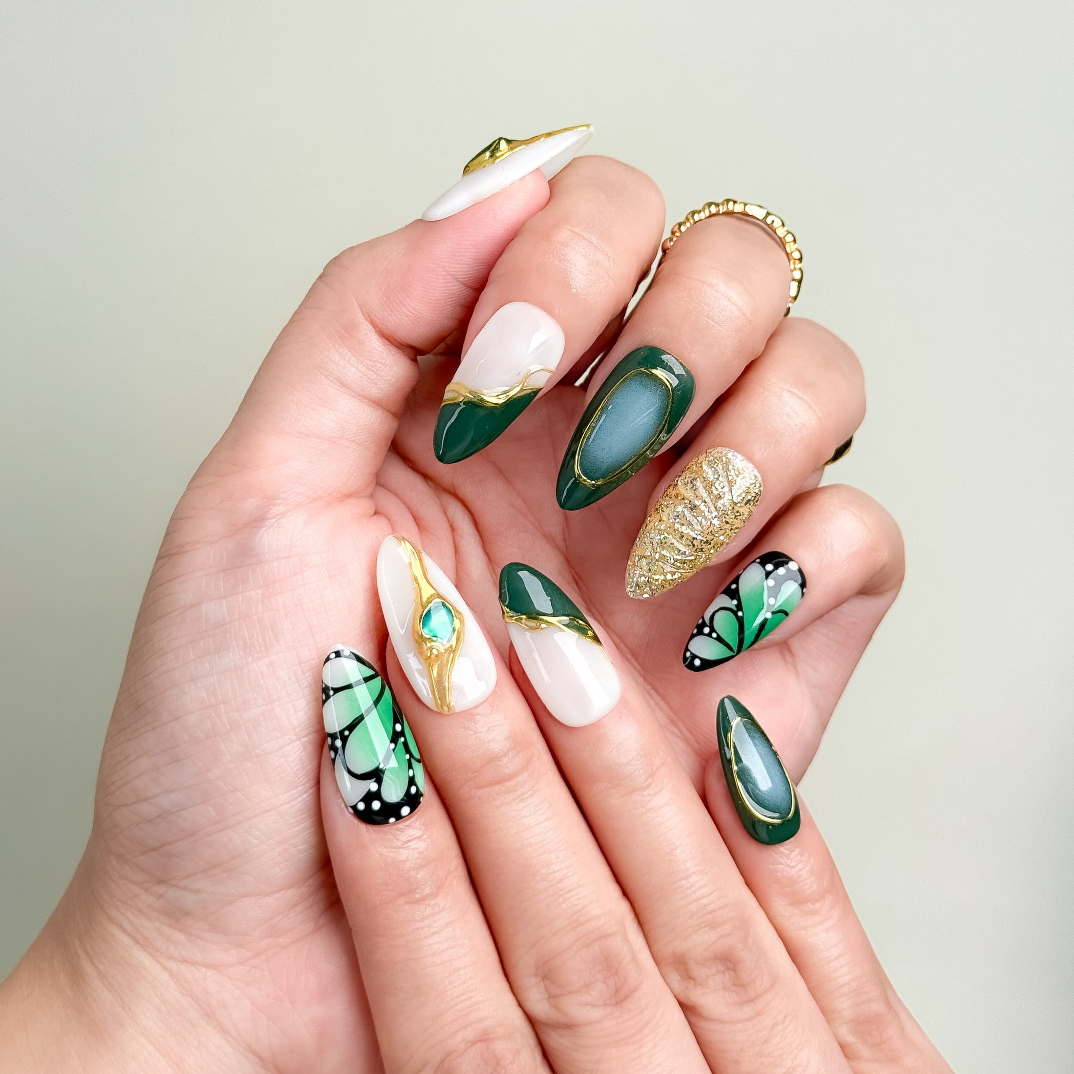NailFairy Gilded Butterfly Ink Jade Short Almond Press-On Nails – Handmade Artistic Set of 10 with 3D Gem & Glitter Design, Free Tool Kit