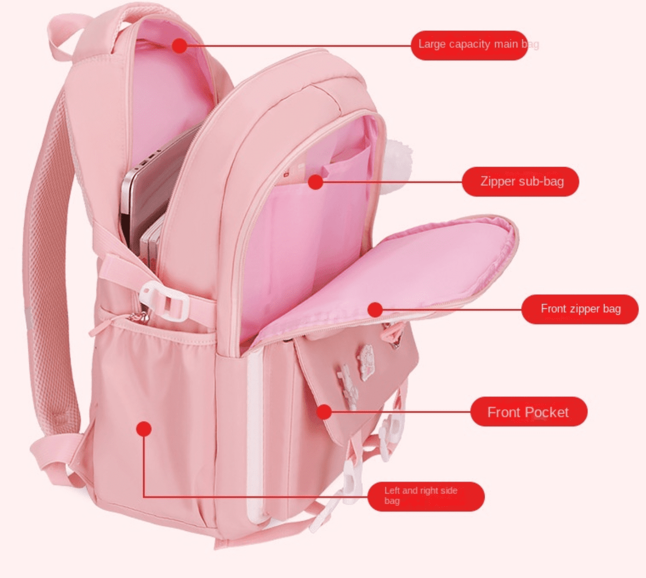 KAMUGO Girls Backpack, 2pcs Sets Kids Backpack for Girls with Anti-theft Back Pocket, Lightweight School Bookbag Water Resistant Tote Bag for Elementary Primary School, Pink S