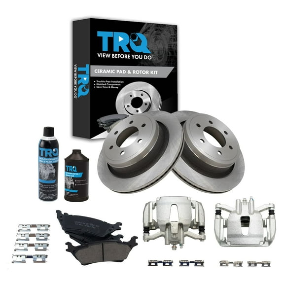 TRQ Rear Ceramic Brake Pad Rotor & Calipers Kit w/Fluids for F150 Pickup Truck BKA17754