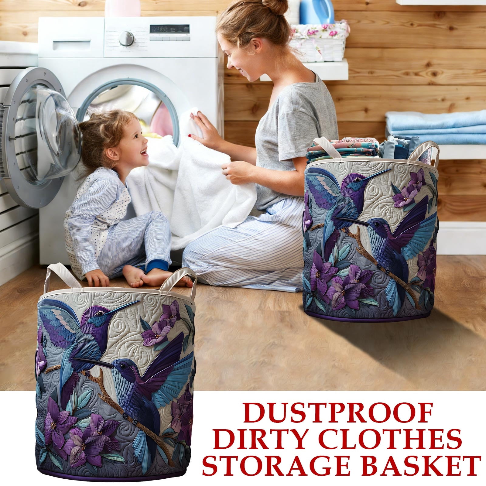 HCBY 20x28in Quilted Laundry Basket, Boho Hummingbird Floral Fabric Hamper, Foldable Storage Bin with Handles, Ideal for Nursery, Bedroom & Laundry Room