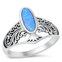 CHOOSE YOUR COLOR Oval Blue Simulated Opal Ring .925 Sterling Silver Band CZ Female Size 9