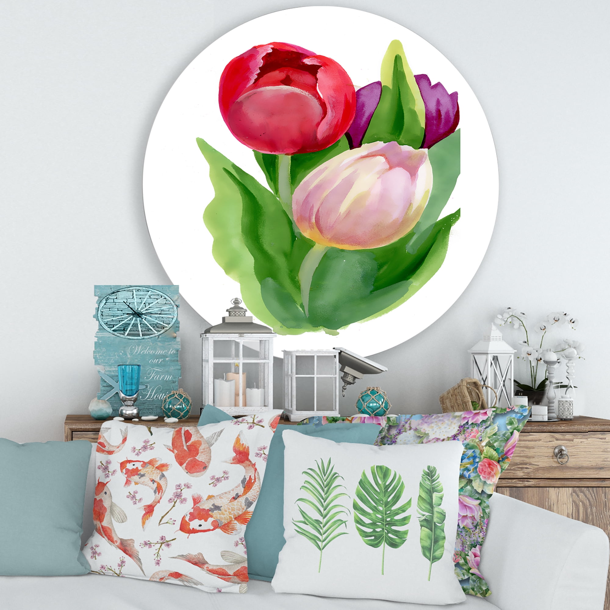 Designart 'Beautiful Tulip Flowers Red and Pink' Traditional Circle Metal Wall Art 29x29 - Disc of 29