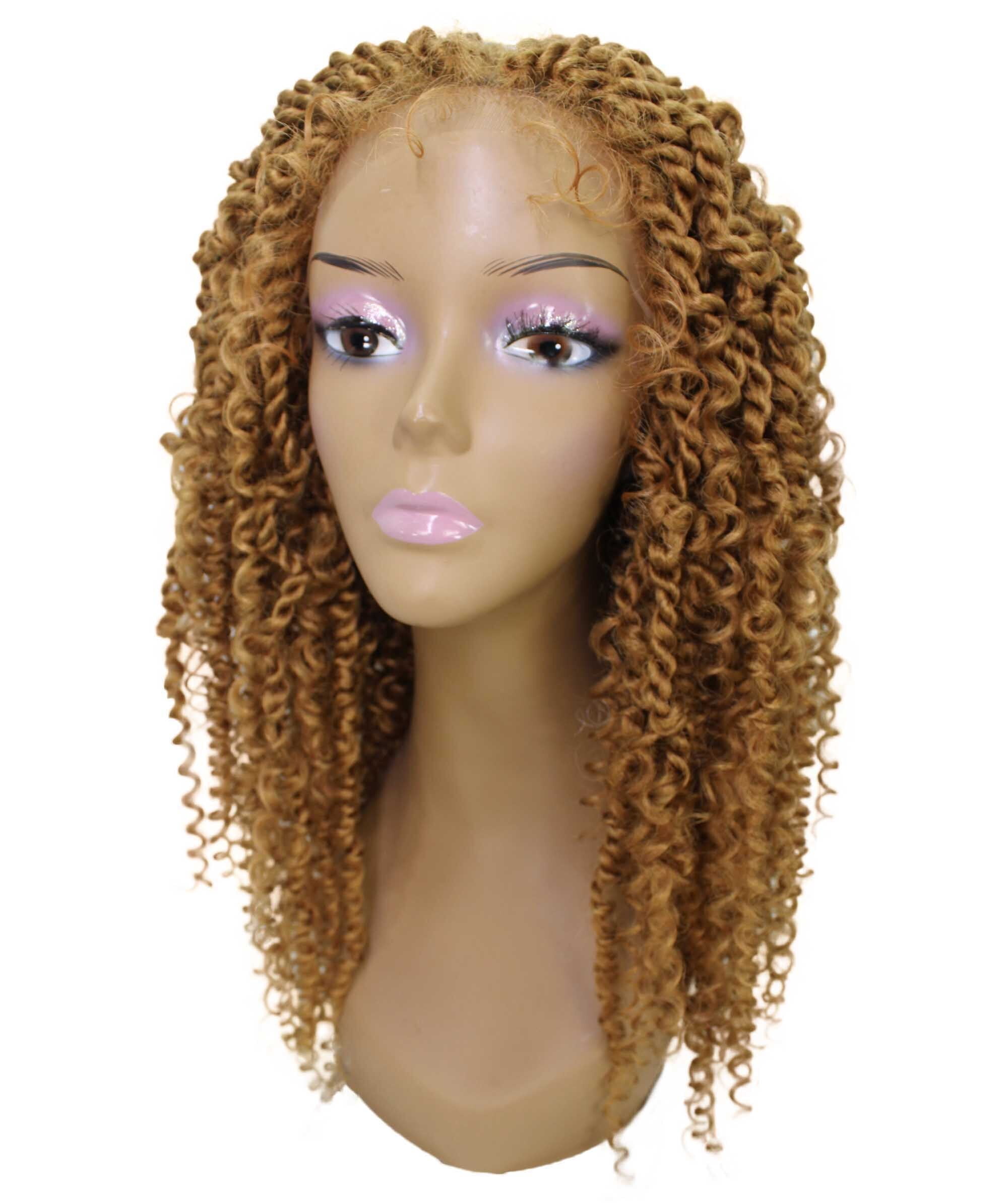 LUXLUXE Tierra Curly 19 in Long 4x4 Hand Tied Lace Braid Braided Wig, Beauty Heat Resistant Fiber, Golden Blonde Color