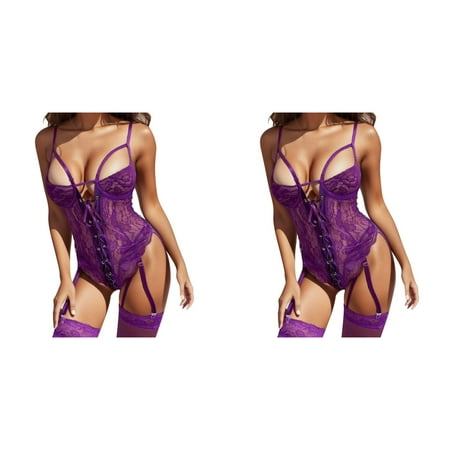 Wijhcboe 2 Pack Women Sexy Lingerie for Women plus Size Fashion Lace Up Front Sexy Bodysuit Lingerie for Women Snap Crotch Floral Lace Garter Teddy Bodysuit Red Lace Sexy Lingerie V