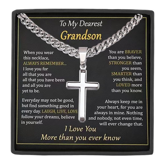 MASALADI To My Grandson Inspirational Gifts - Stainless Steel Silver Cross Necklace with Gift Box and Message Card