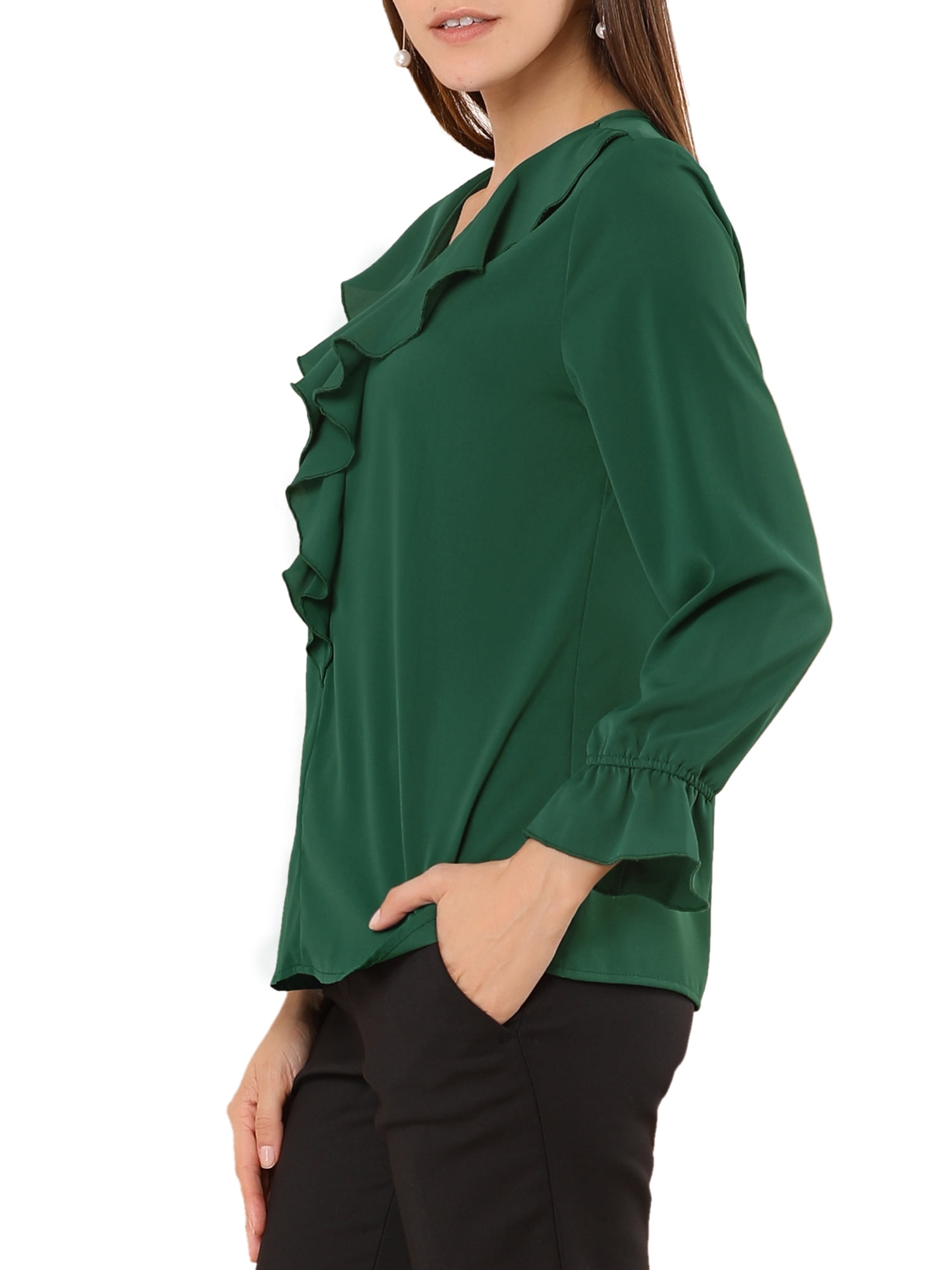 DARING DIVA Women's Ruffle V Neck Chiffon Peasant Blouse XL Green
