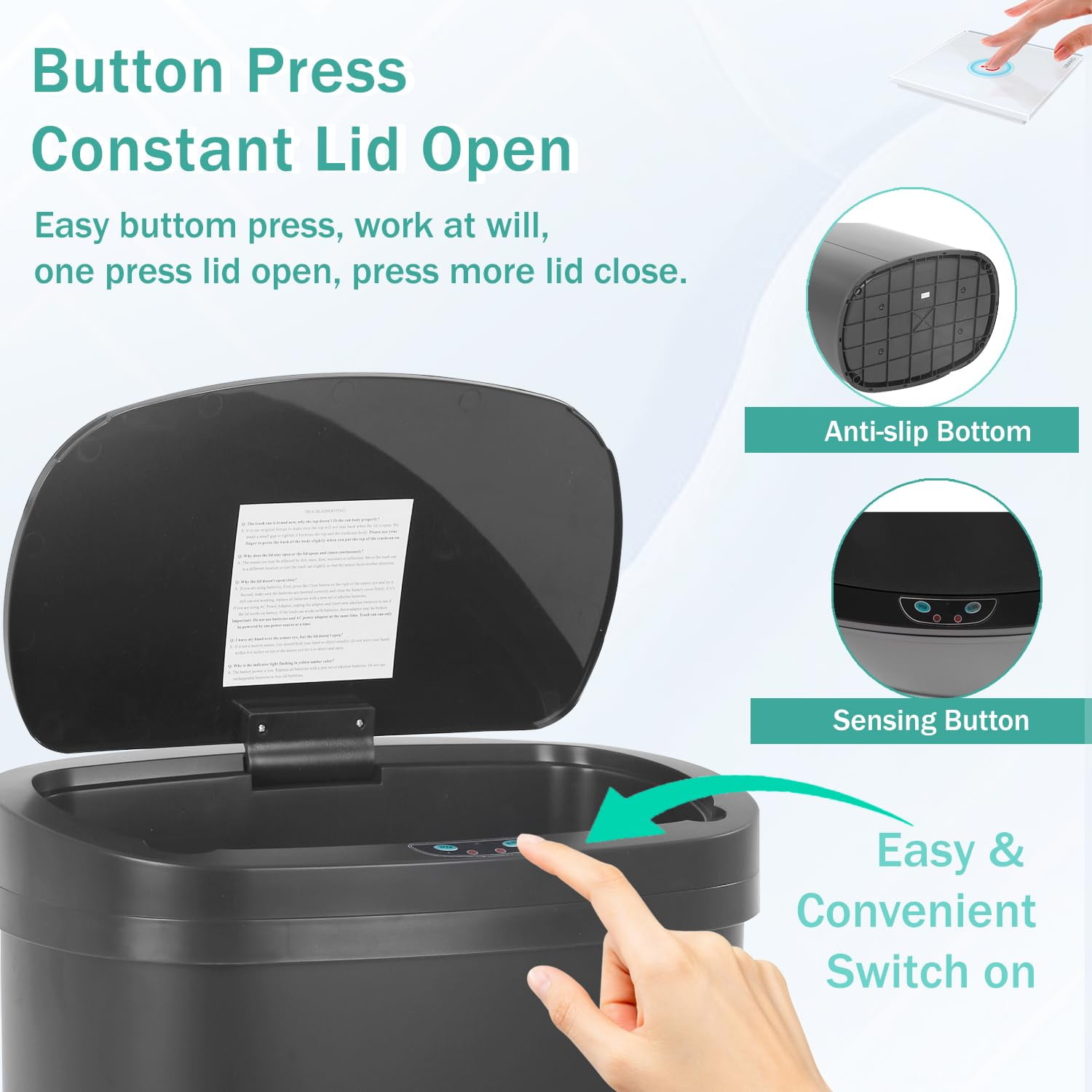 13-Gallon Kitchen Trash Can Black Stainless Steel Garbage Can Automatic Touch Free Garbage Bin Motion Sensor Trash Can with Lid Metal Waste Bin for Living Room, Kitchen, Bathroom, Office