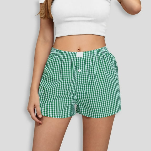 Karight Womens Plaid Shorts Casual Elastic Waist Checkered Shorts Women Trendy with Pockets