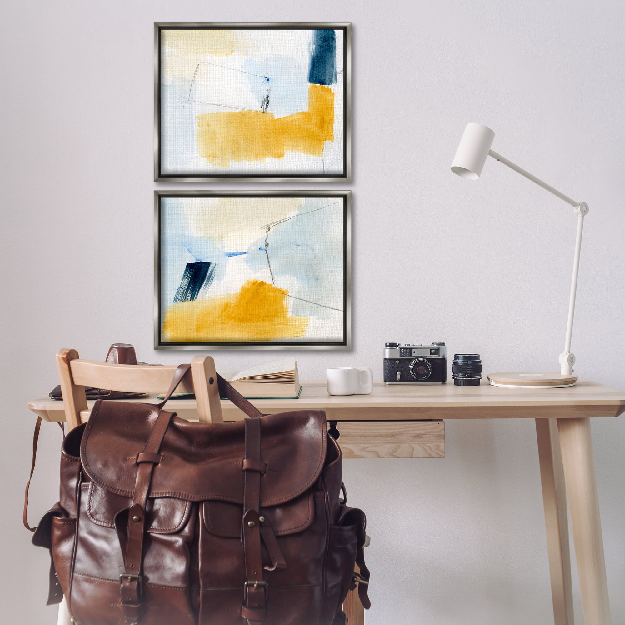 Stupell Industries Yellow Patchy Abstract Abstract Painting Gray Floater Framed Canvas Art Print Wall Art, 21 x 17, Set of 2