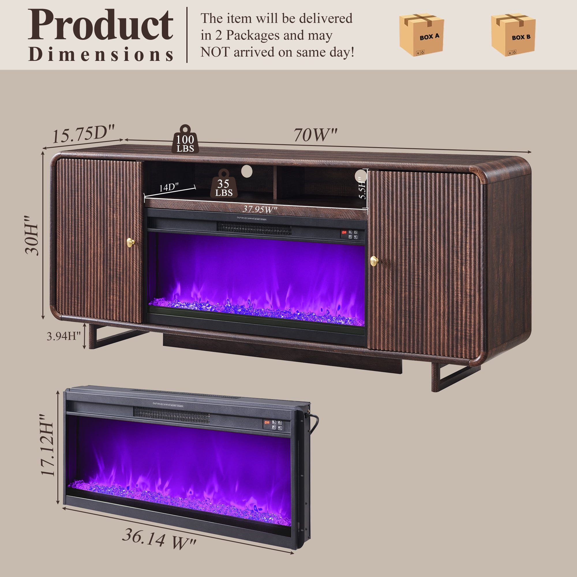 SinCiDo 70" Fluted Fireplace TV Stand for 80 Inch TV, Modern Entertainment Center w/36'' Electric Fireplace, Curved Profile Design for Living Room, Brown