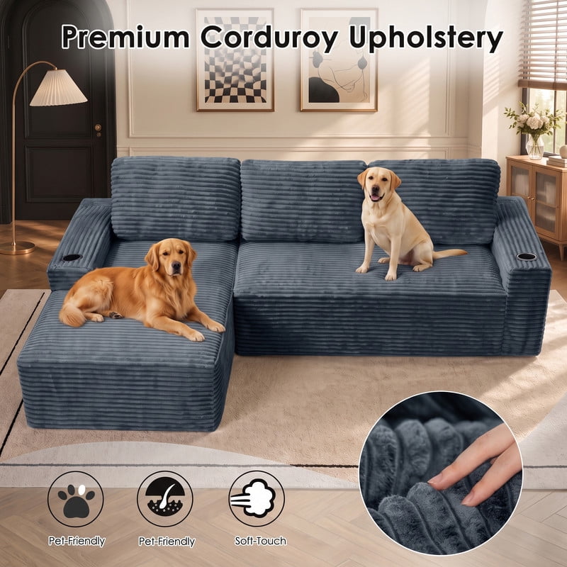 Anpport 104" Boneless Cloud Modular Sectional Couch, Corduroy Sofa with Cup Holders, Side Pockets, Deep Seat, No Assembly Required for Living Room, Gray (L‑Shaped, Left Facing Chaise)