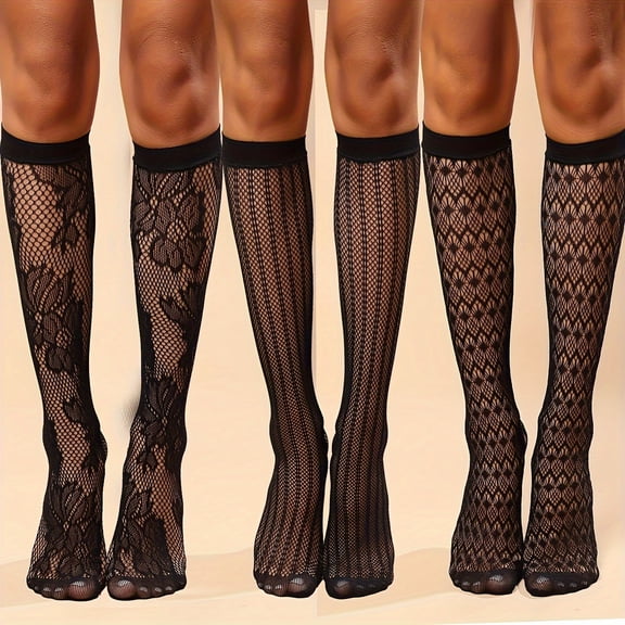 3 pairs of combination women's socks, lace trimmed socks, printed mesh socks, and women's calf socks