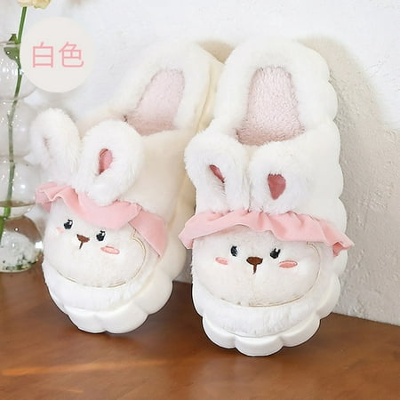 

QWZNDZGR Princess Bunny Slippers Women s Winter Warm Platform Mule Shoes Girls Cute Lace Rabbit Ear Slipper Woman Fluffy Slides Home Shoe
