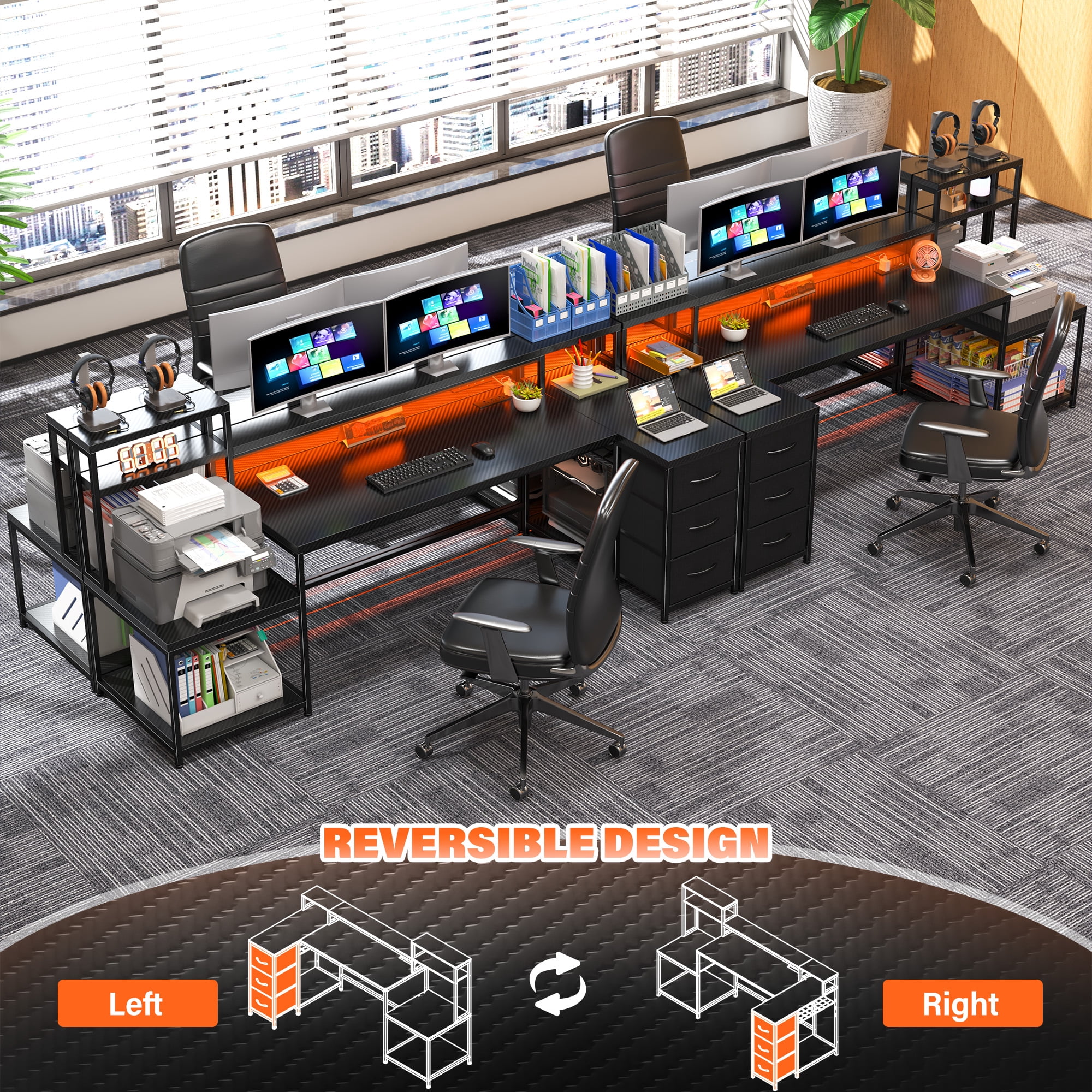 Enhomee 70.9" L Shaped Gaming Desk, Computer Desk with Power Outlet & LED Light, Home Office Desks with Drawers, Black