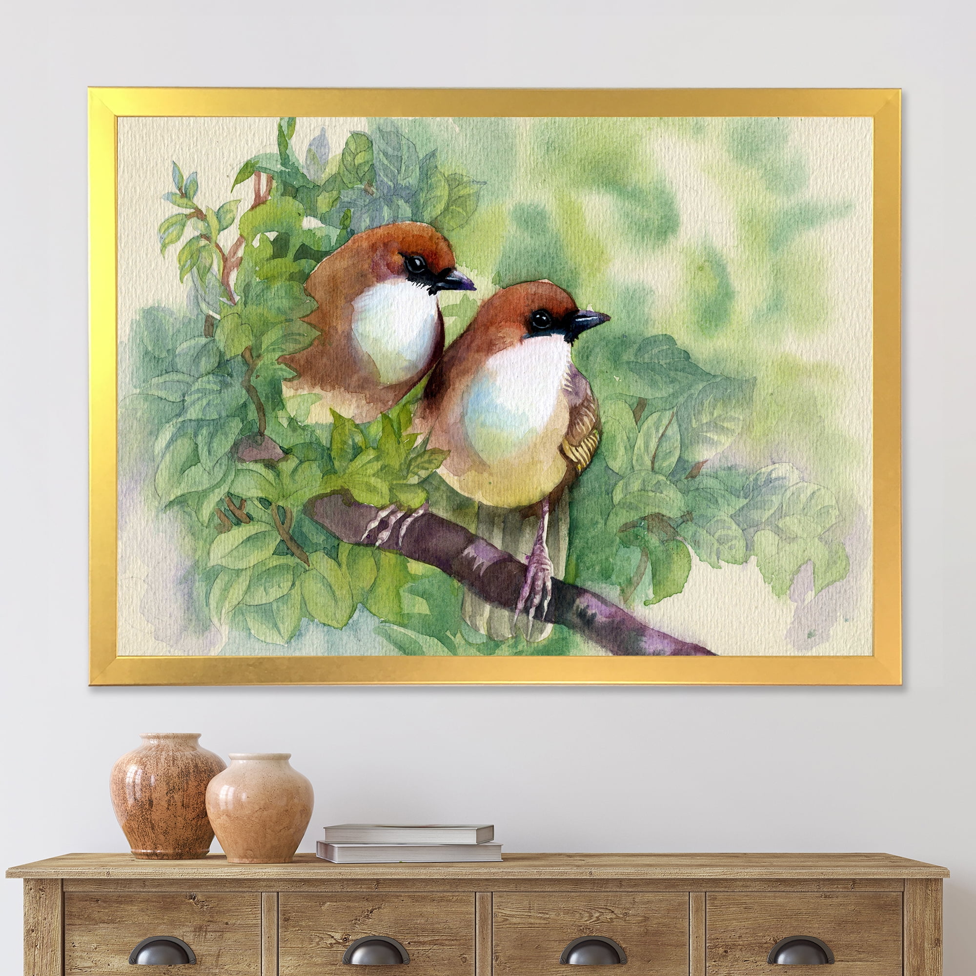 Birds Of Spring Sitting On Branch 32 in x 24 in Framed Painting Canvas Art Print, by Designart