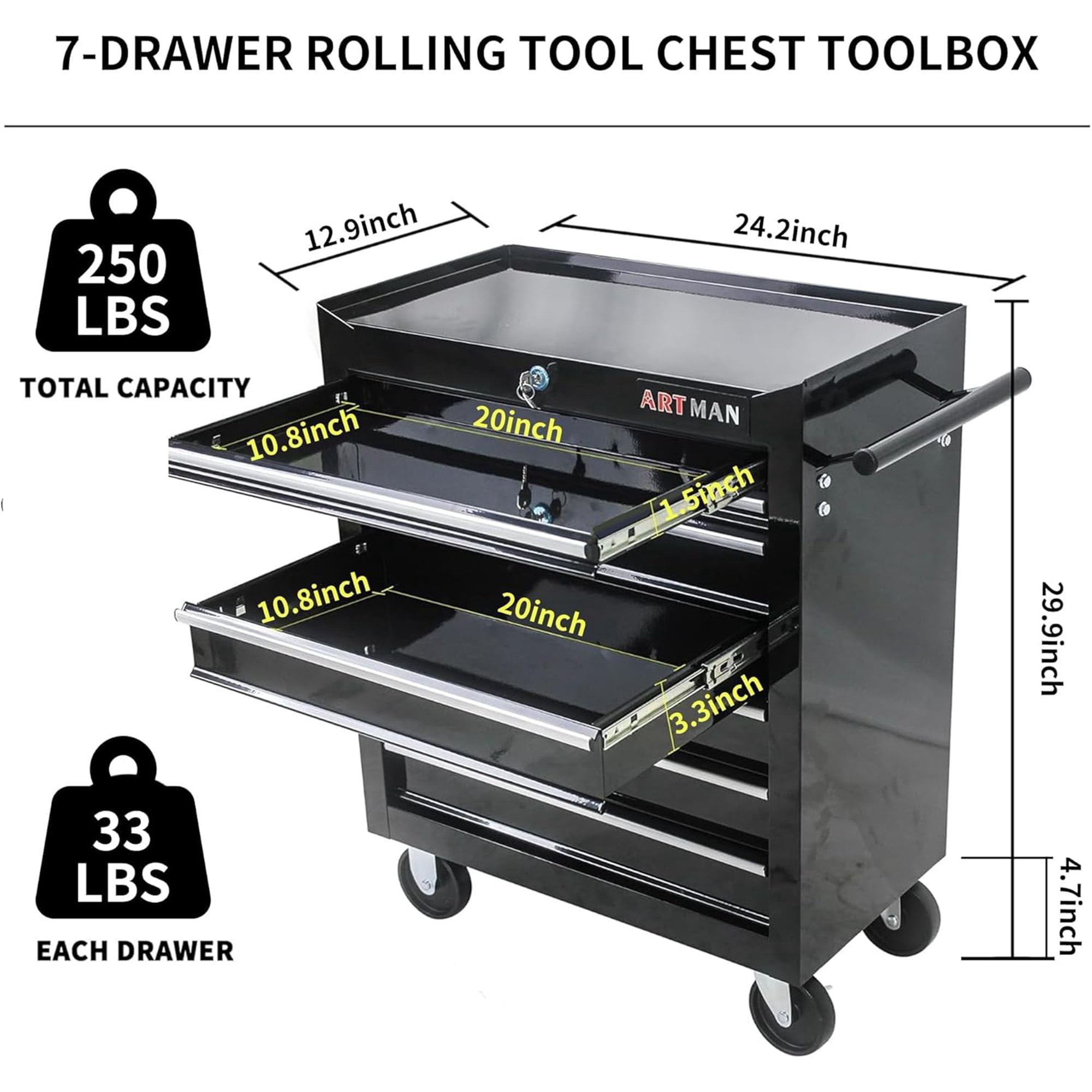 POWANLI 7-Drawer Rolling Tool Chest with Wheels Multifunctional Tool Chest Portable Tool Storage Cabinet with Locking System for Garage Workshop Warehouse Repair Shop