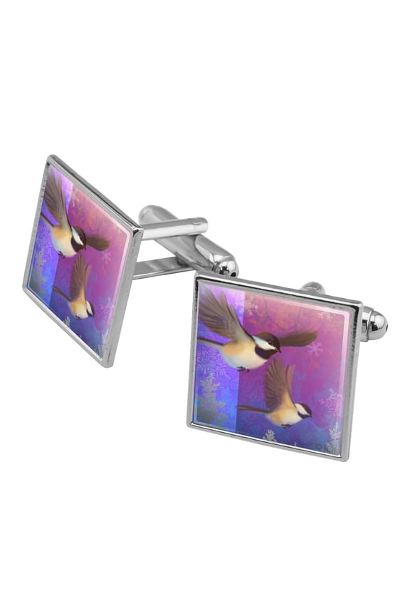 Christmas Holiday Chickadees Birds Square Cufflink Set - Silver or Gold