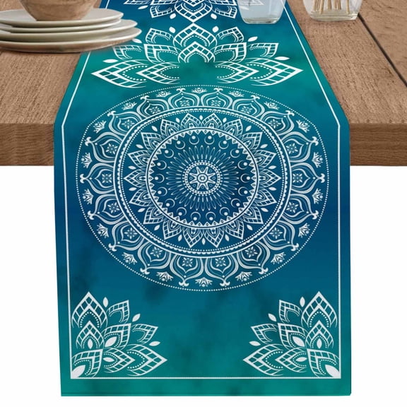 nqOlkjepod Teal Blue Boho Table Runner 108 Inches Long Farmhouse Dress Scarves, Retro White Rustic Flower Ethnic Pattern Dining Tablerunner for Coffee Table/Kitchen Island/Party Décor, 13" x 108"