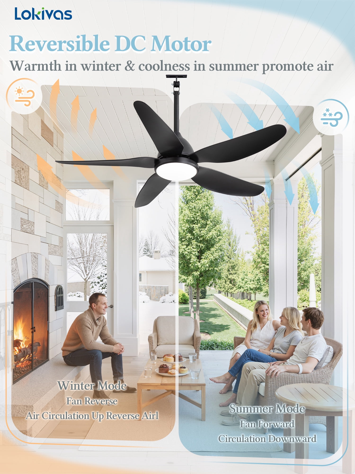 Lokivas 46" Black Waterproof Outdoor Gazebo Ceiling Fan with Light, Quiet 6-Speed DC Motor, IP65 Plug-in Remote Control Hanging Fan for Patio Porch Pergola