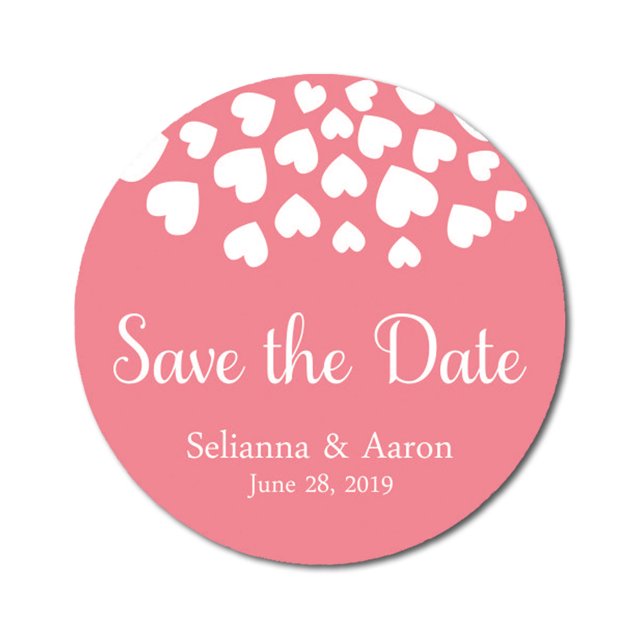 Darling Souvenir Round 45 Pieces Hearts Save The Date Stickers Wedding Personalized Bride Groom Names And Date Envelope Seals - Salmon